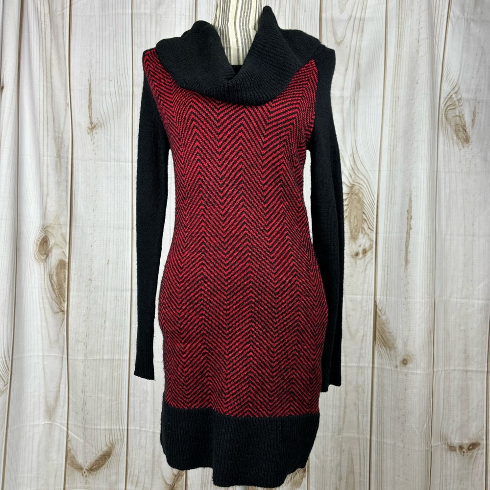 Candies Cowl Neck Sweater Tunic Long Sleeve Dress Black Red Zig Zag Pattern
